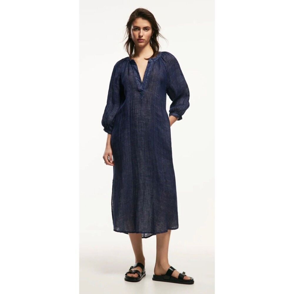 Blue Denim-Like Zara Textured Linen V-Neck Quarter Sleeve Midi Tunic Dress (NWT)